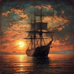 Fototapeta premium Majestic Ship Sailing at Sunset over Calm Sea with Dramatic Sky