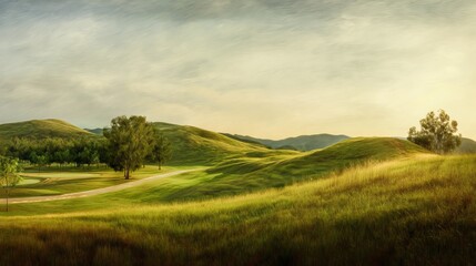 Fototapeta premium Serene countryside landscape at golden hour with soft warm sunlight and fine grain texture
