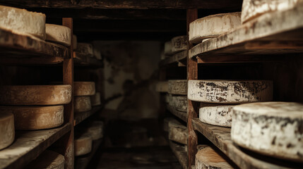 A traditional cheese aging room filled with rows of large cheese wheels maturing on wooden shelves. The space is cool and dimly lit, emphasizing the artisanal process of cheese aff