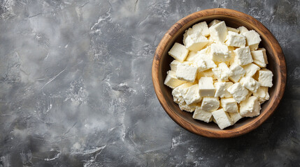 Close-up of diced paneer cheese made from fresh milk and lemon juice, placed in a wooden bowl on a textured gray surface. A clean and natural presentation ideal for promoting healt