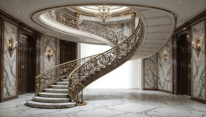 Elegant luxury staircase featuring curved marble steps and ornate golden railings