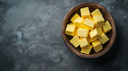 Freshly made Indian paneer cheese cut into cubes and served in a rustic wooden bowl on a gray stone background. Captures the essence of traditional dairy preparation using lemon ju