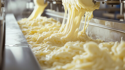 Melted cheese being pulled and shaped using stretching technology on a modern automated production line. food industry, dairy plant, technology, equipment, processing line, artisan