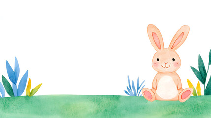 A watercolor cartoon frame with cute bunny sitting on grass with copy space for text
