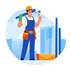 A flat style illustration of a construction worker