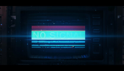 Futuristic retro-style TV screen displaying a no signal message with digital glitch, distorted noise, and vibrant RGB scanlines