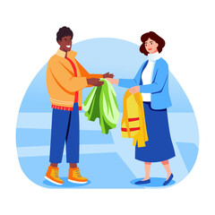 Flat style illustration of a character donating clothes to a needy person