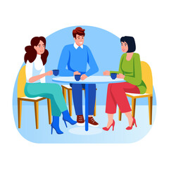 Friends drinking coffee together, flat style illustration
