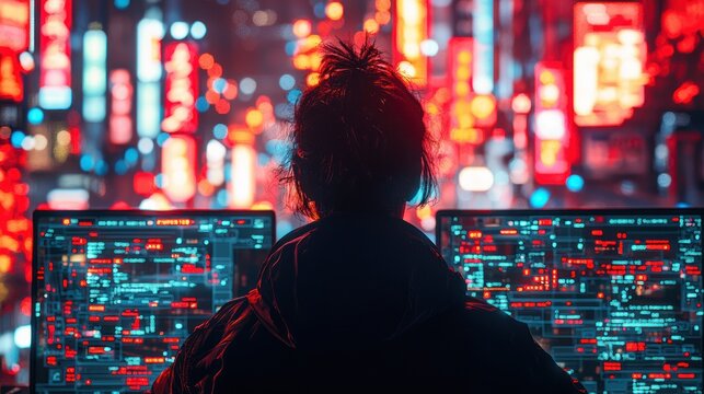 Hacking code Person with dual monitors, coding with bright city lights backdrop