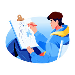 A flat style illustration of a character sketching drawing on a board