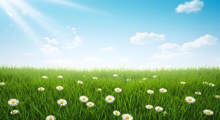 Serene Spring Meadow Sunlit daisies bloom in a vibrant green field under a bright blue sky creating a peaceful and idyllic scene perfect for relaxation and spring backgrounds Soft AI Generative © MaC GFX Studio