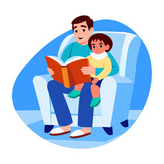 A father telling story to his son, flat style illustration