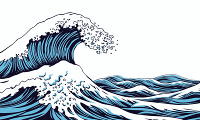 stylized illustration of ocean waves, featuring large cresting wave with white foam and various shades of blue, conveying sense of movement and energy