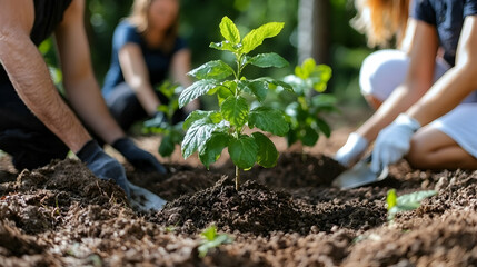 Planting New Tree Seedling Volunteers Working Together in Garden Earth