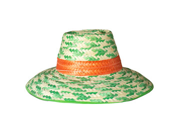 a woven straw sun hat with green geometric patterns and an orange band, isolated on a transparent background.
