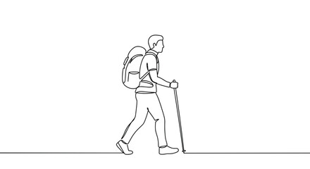 Line Art of a Hiker Walking with Backpack and Hiking Pole  