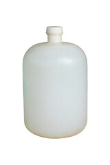 A simple, opaque white plastic bottle, possibly a small water tank or container, with a screw-top opening, isolated on a transparent background.