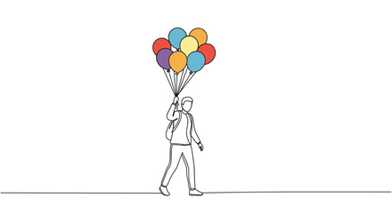 Person walking joyfully with colorful balloons on a white background  