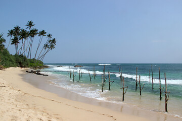 Traditional Sri Lankan Fishing Stilt Poles in Ocean Waves
