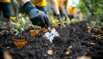 Planting Seedlings in Soil with Trowel Gardening and Volunteering
