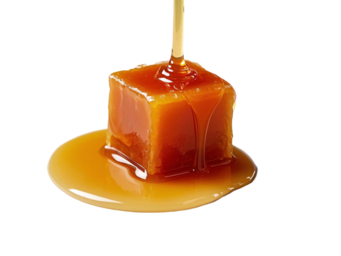 Cube-Shaped Caramel with Smooth Caramel Sauce Dripping Down Sides, Showcasing Rich Texture and Sweet Appeal PNG Isolated Transparent White Background Stock Object Photo Download