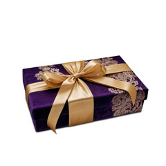 A beautifully wrapped purple gift box adorned with a golden ribbon, showcasing a luxurious design