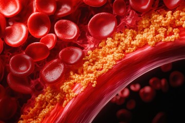 blood flow and heart attack concept. Microscopic view of red blood cells and platelets in a blood vessel.