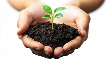 Transparent PNG of hands cupping a small plant sprouting from fertile soil, representing environmental protection, isolated on a white transparent background