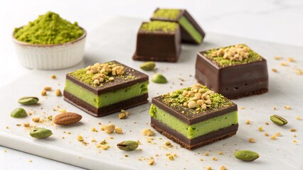 Matcha Chocolate Squares with Pistachio Crumble, Artisanal Treat V2