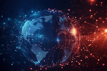 Fototapeta premium Digital globe with red and blue data connections and glowing grid on space background
