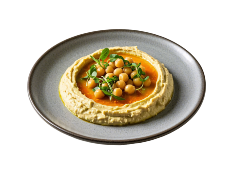 Classic Hummus Plate with Chickpeas, Microgreens, and Olive Oil Drizzle, Artistic Presentation on Grey Plate PNG Isolated Transparent White Background Stock Object Photo Download - Powered by Adobe