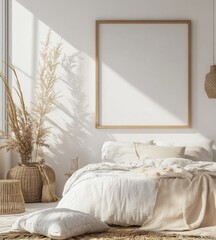 Empty picture frame in bright bedroom, natural light, boho style