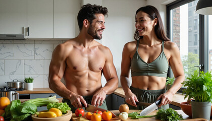 Fit couple preparing healthy meals in a modern kitchen  
