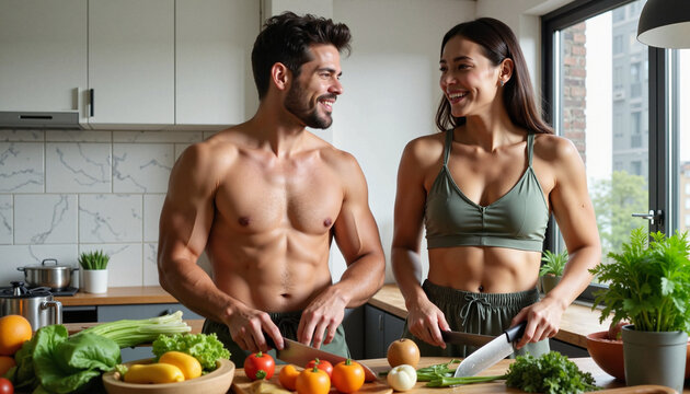 Fit couple preparing healthy meals in a modern kitchen  