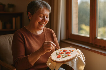 Smiling older woman embroidering vibrant flowers in cozy home with warm natural light. generative AI