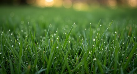 Fototapeta premium Lush green grass glistening with morning dew a vibrant display of nature s beauty soft natural light blurred background serene scene AI Generative