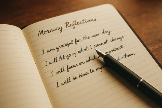 Close-up of gratitude journal with handwritten affirmations and pen on wooden desk in warm light. generative AI