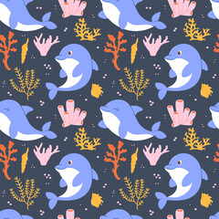 Marine seamless pattern with hand drawn dolphins