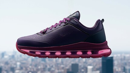 A sports shoe suspended above a cityscape backdrop, energetic and bold design 