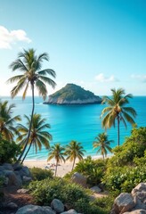 Fototapeta premium Serene tropical island scene featuring a pristine beach, lush palm trees, and turquoise waters under a bright blue sky with fluffy white clouds. Ideal for promoting travel and relaxation.