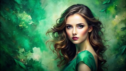 Elegant Woman Portrait, Watercolor Green Background, Mint & Emerald Hues, Studio Shot