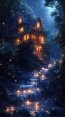 Enchanted Night Fantasy Landscape: Mystical House, Glowing Forest & Sparkling River Under Starlit Sky