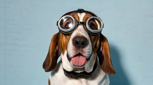 A basset hound with wearing goggles.