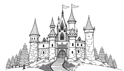 Obraz premium Whimsical castle illustration on hill with fir trees, a fairytale architectural artwork