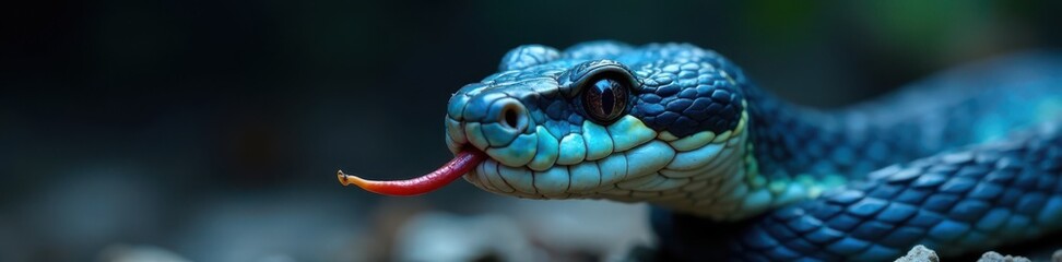 Fototapeta premium Snake's head with forked tongue exposed, showing distinctive blue color, in close-up view , wildlife, venomous snake