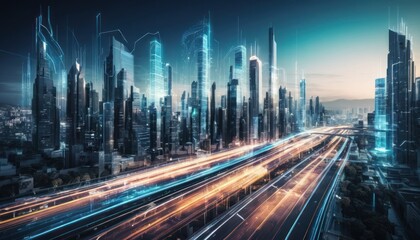 Futuristic urban landscape with glowing pathways and advanced technology interface