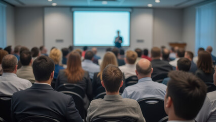 Fototapeta premium Business Conference with Audience Focused on Speaker in Modern Meeting Room Setting