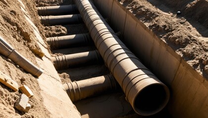 Laying industrial pipes into a deep trench surrounded by sand and soil