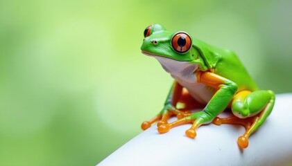 Green tree frog perched on white, vibrant colors, macro, asset, exotic