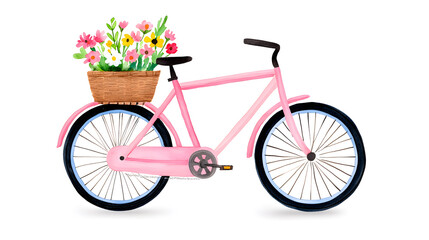 Fototapeta premium Watercolor painting of pink bicycle with a basket full of flowers isolated on white background